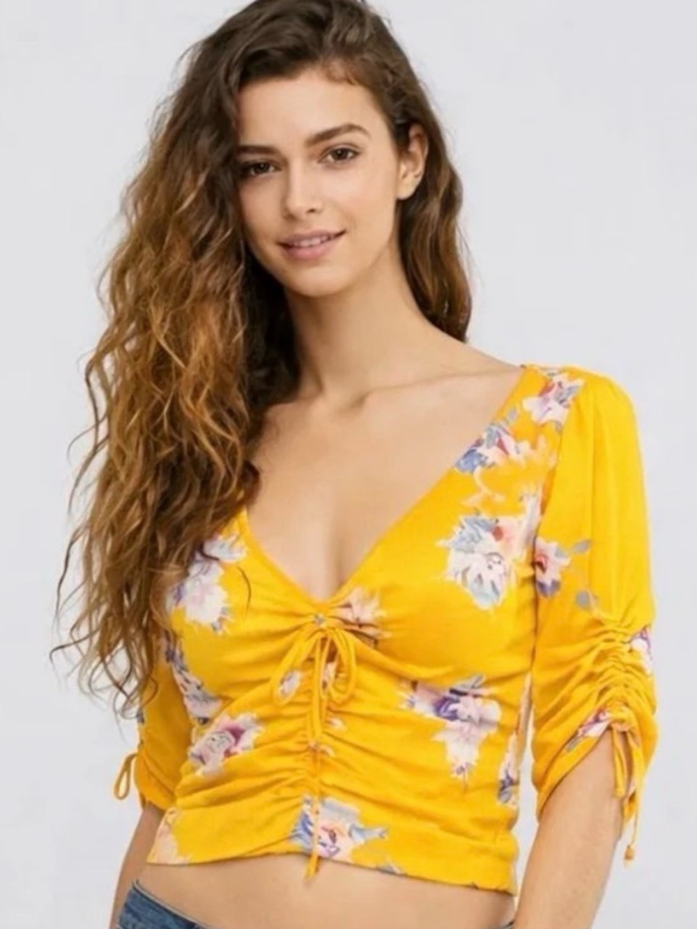 Free People Yellow Floral Ruched Tie Front Crop Top Boho Blouse L